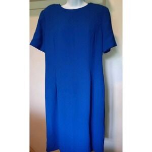 Royal Blue Short Sleeve‎ Sheath Dress Tailored Crepe Jewel Neck Workwear Midi